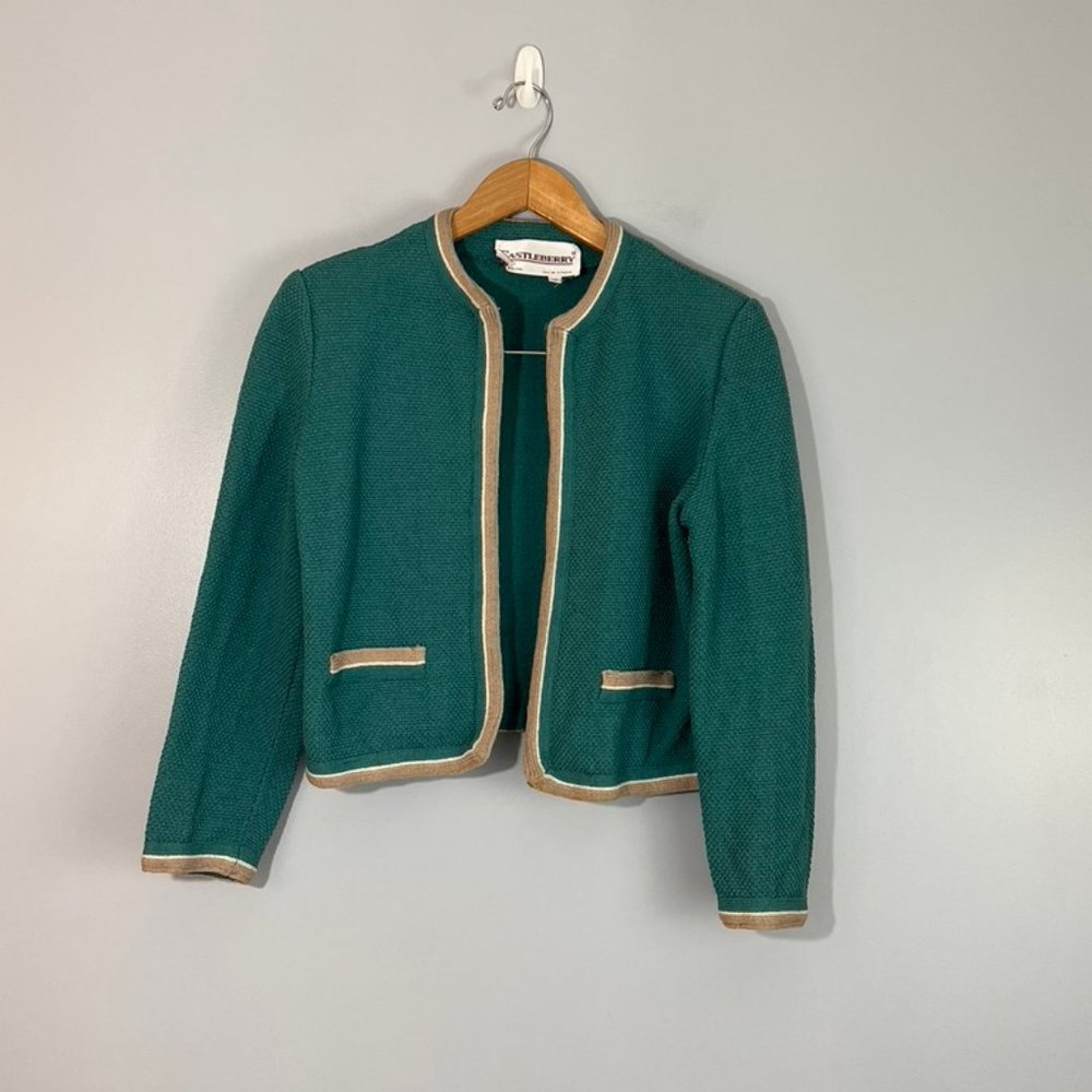 Vintage Wool-Blend Cardigan with Open Front and Faux Pockets